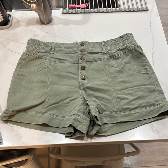 Women’s Button-Front High Waisted Shorts in Rust Orange and Olive Green - Picture 2 of 5